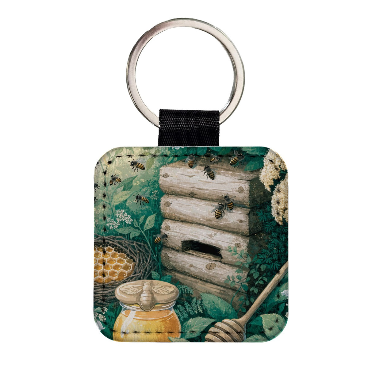 Beekeeping Honey Bee Square Faux Leather Keychain
