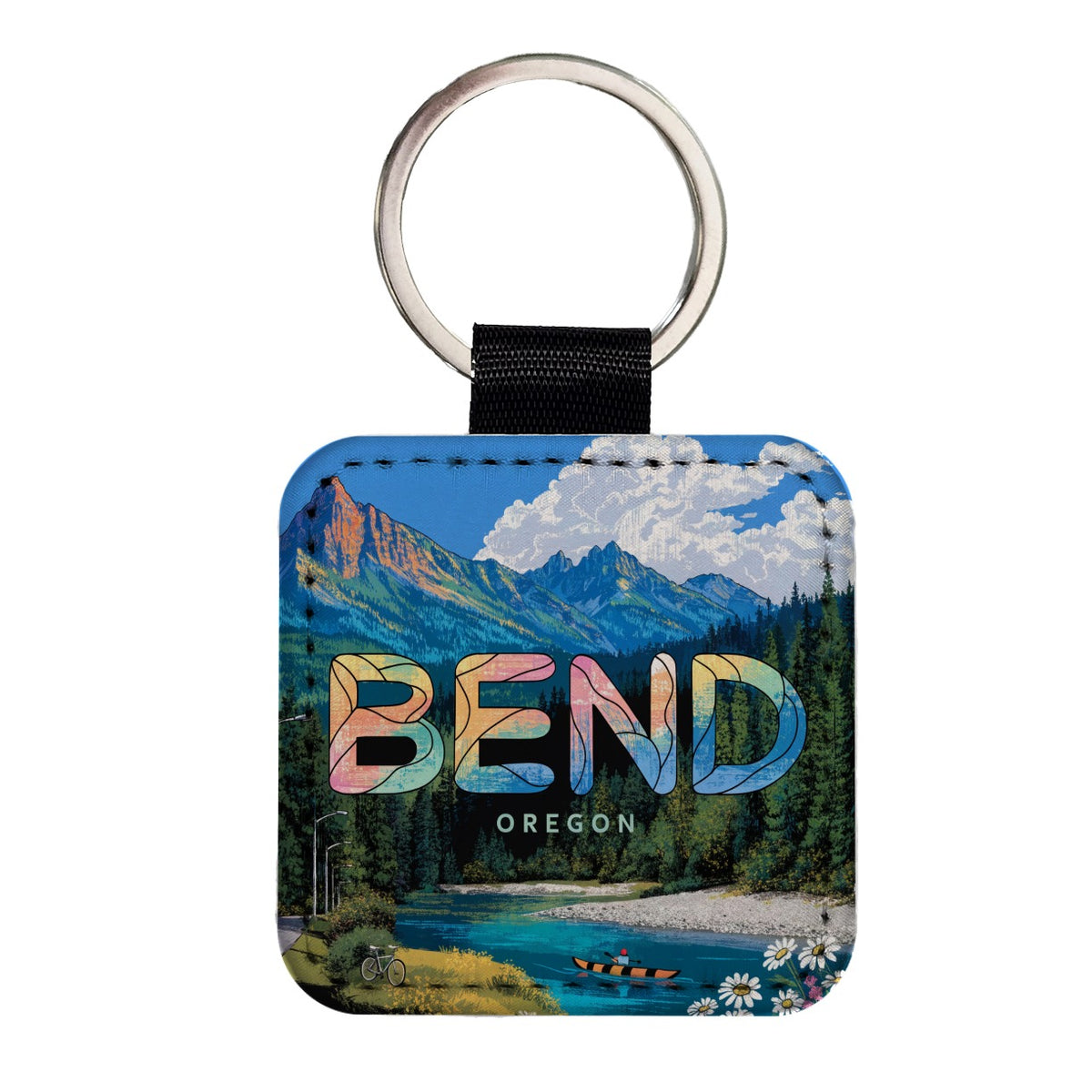 Bend Oregon Travel Square Faux Leather Keychain