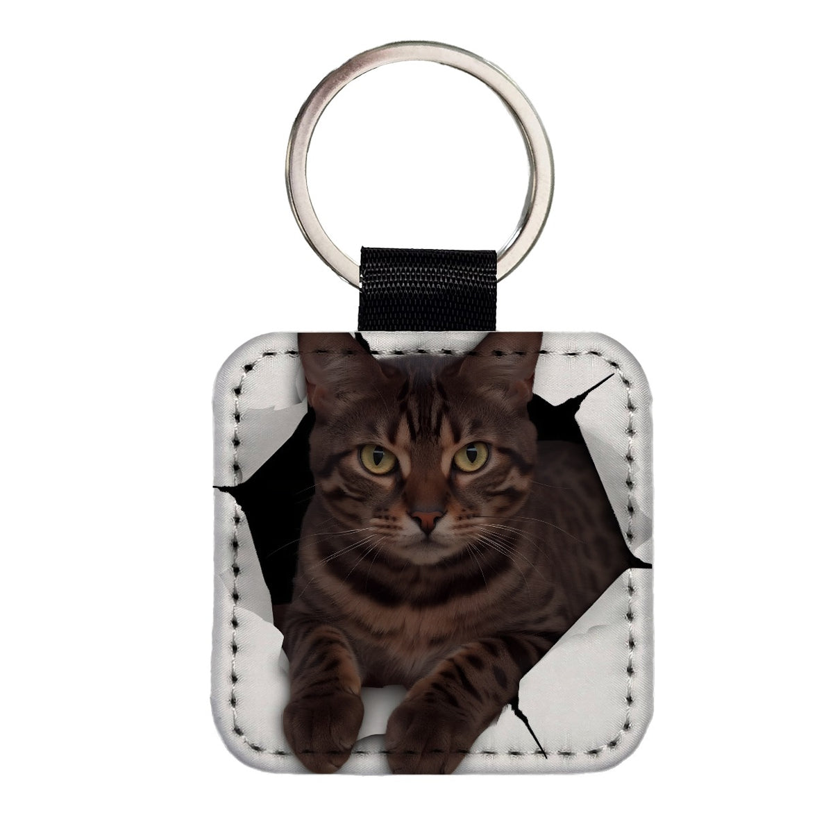 Bengal Cat Breakout Square Faux Leather Keychain