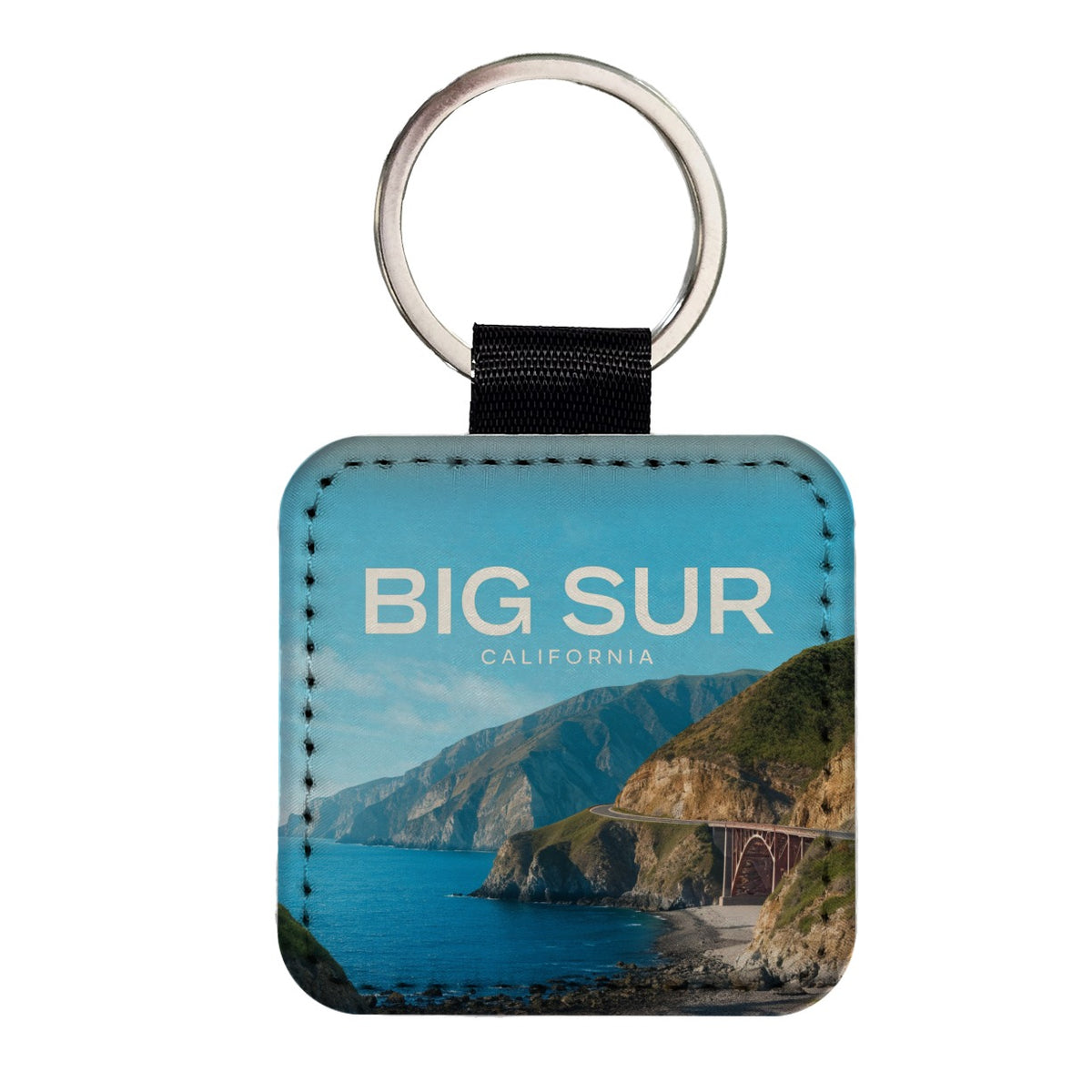 Big Sur California Travel Ocean Square Faux Leather Keychain