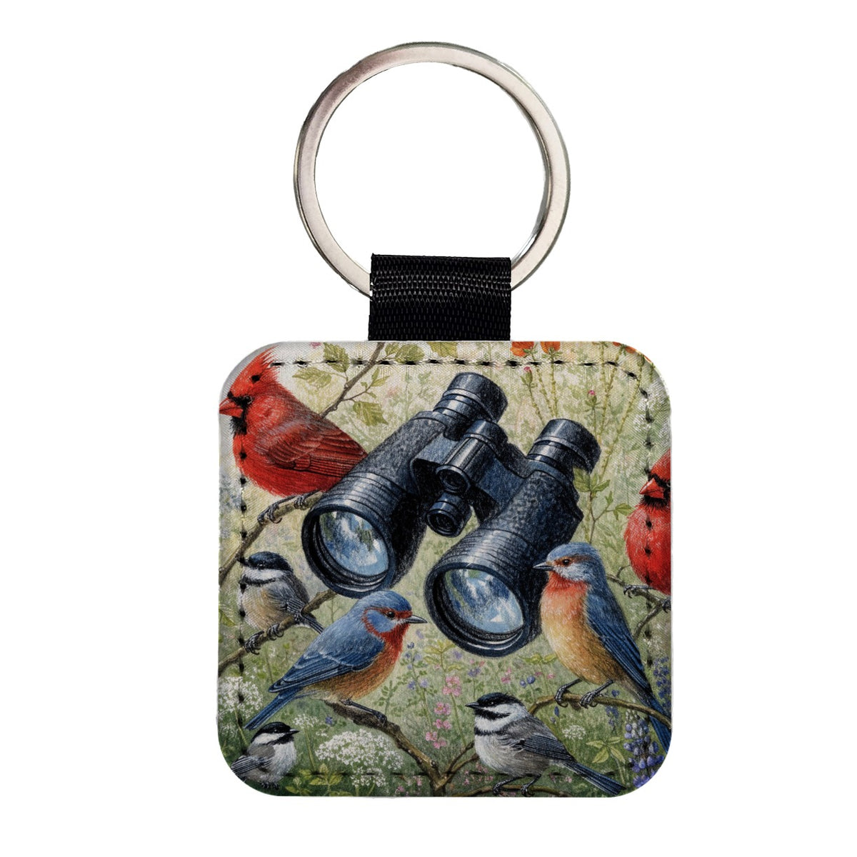 Birdwatching Binoculars Birds Square Faux Leather Keychain