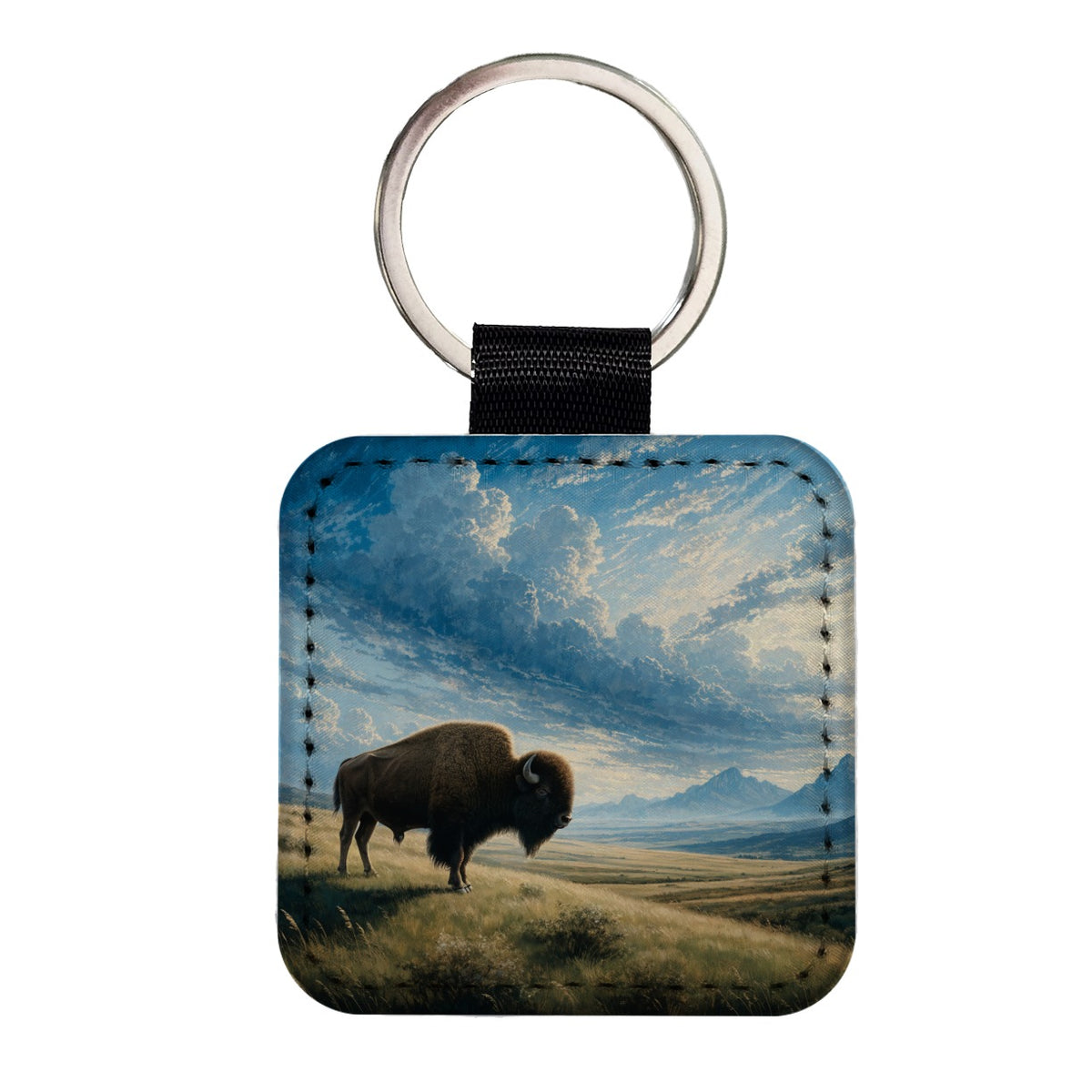 Bison Prairie Landscape Square Faux Leather Keychain