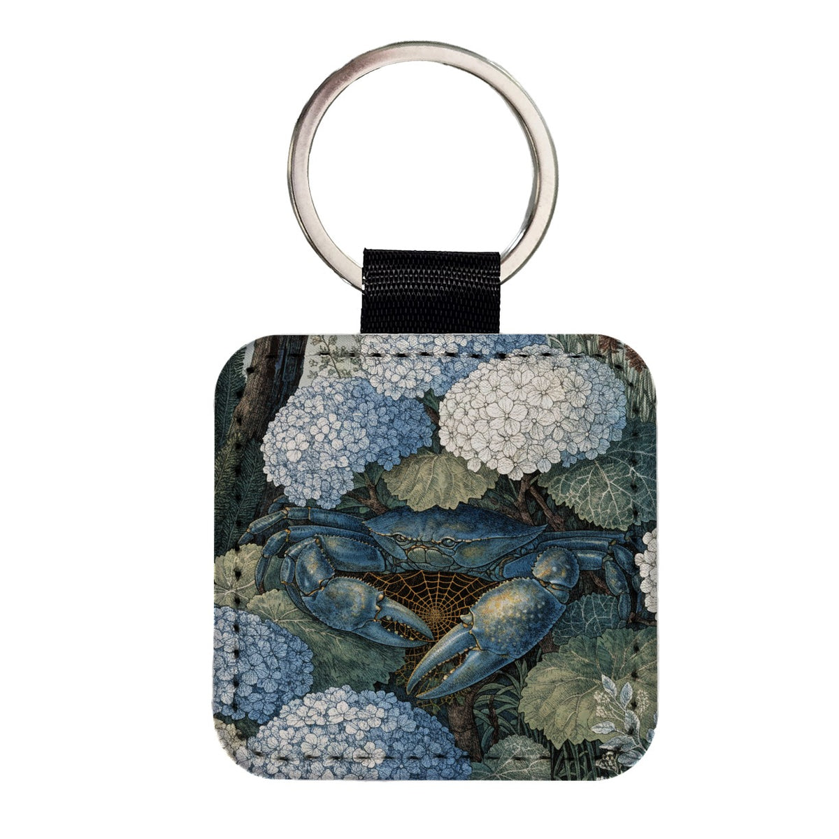 Blue Crab Hydrangea Garden Square Faux Leather Keychain