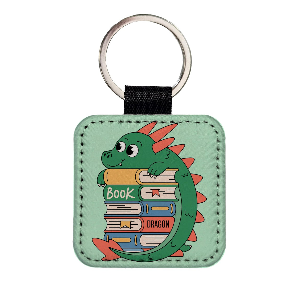 Book Dragon Reader Funny Square Faux Leather Keychain