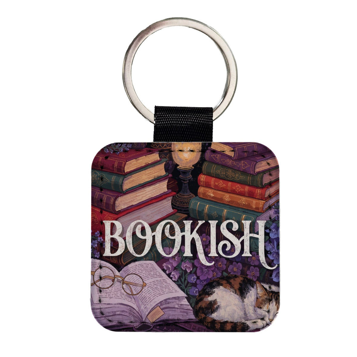 Bookish Reading Books Cat Square Faux Leather Keychain