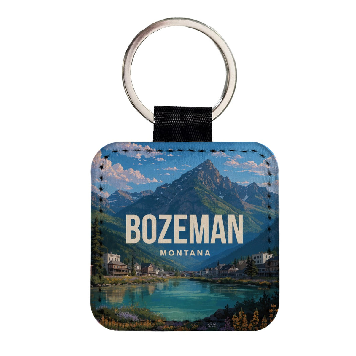 Bozeman Montana Travel Square Faux Leather Keychain