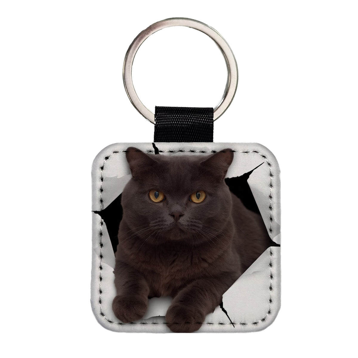 British Shorthair Cat Breakout Square Faux Leather Keychain