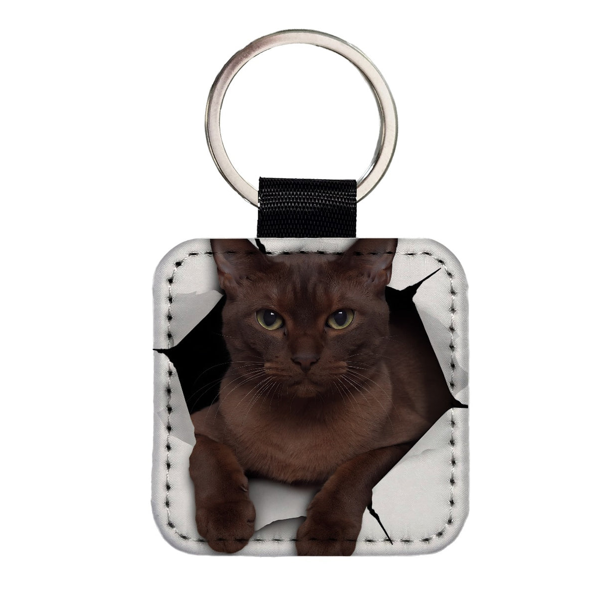 Burmese Cat Breakout Square Faux Leather Keychain