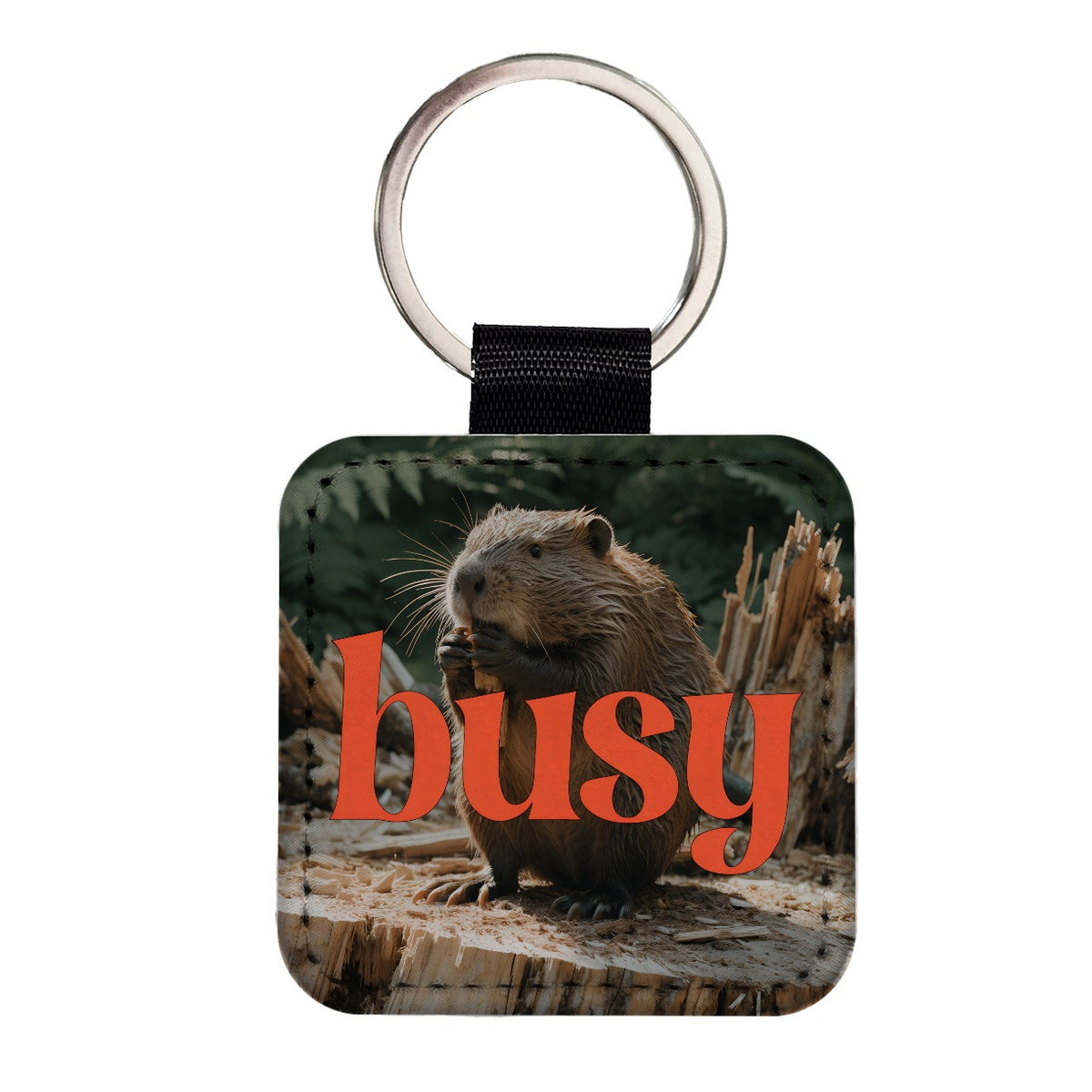 Busy Beaver Funny Square Faux Leather Keychain