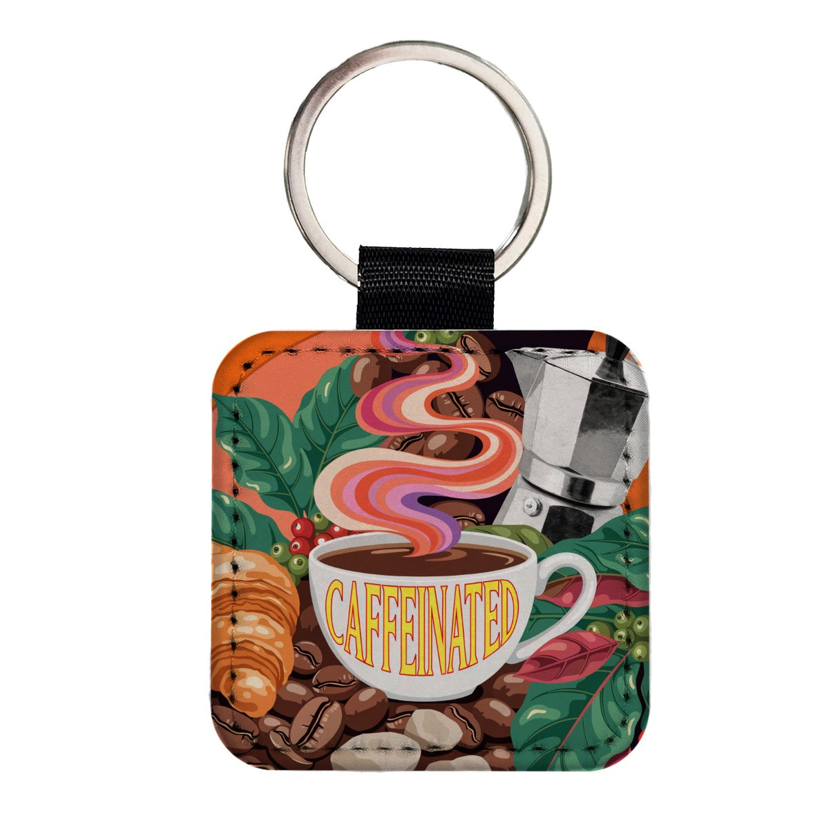 Caffeinated Coffee Cup Lover Fun Square Faux Leather Keychain