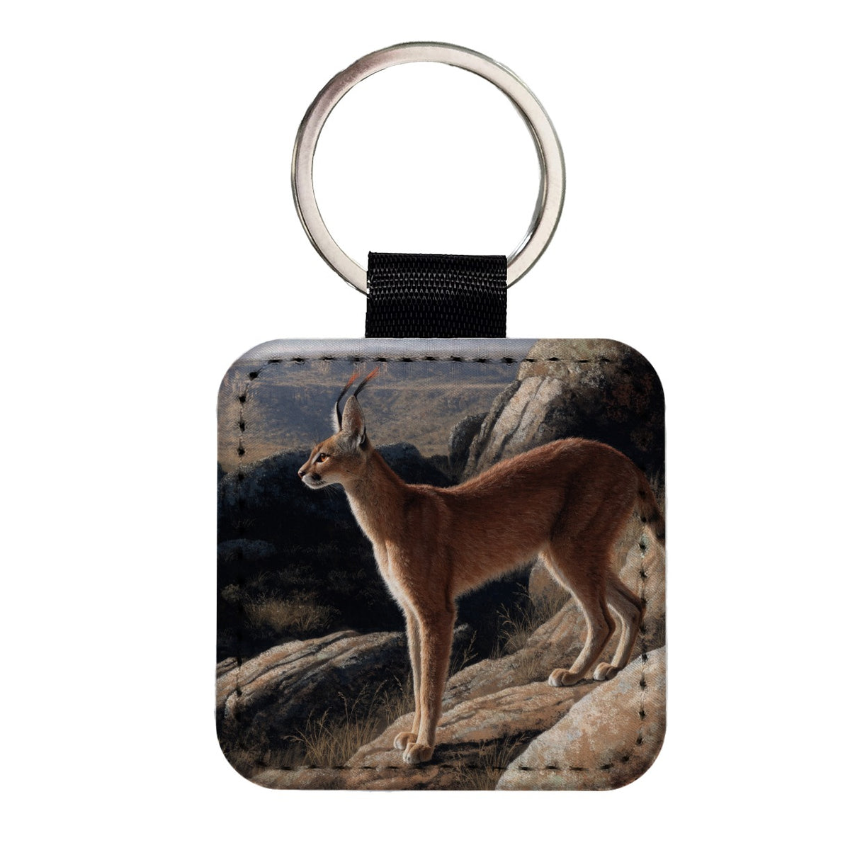 Caracal Wild Cat Square Faux Leather Keychain