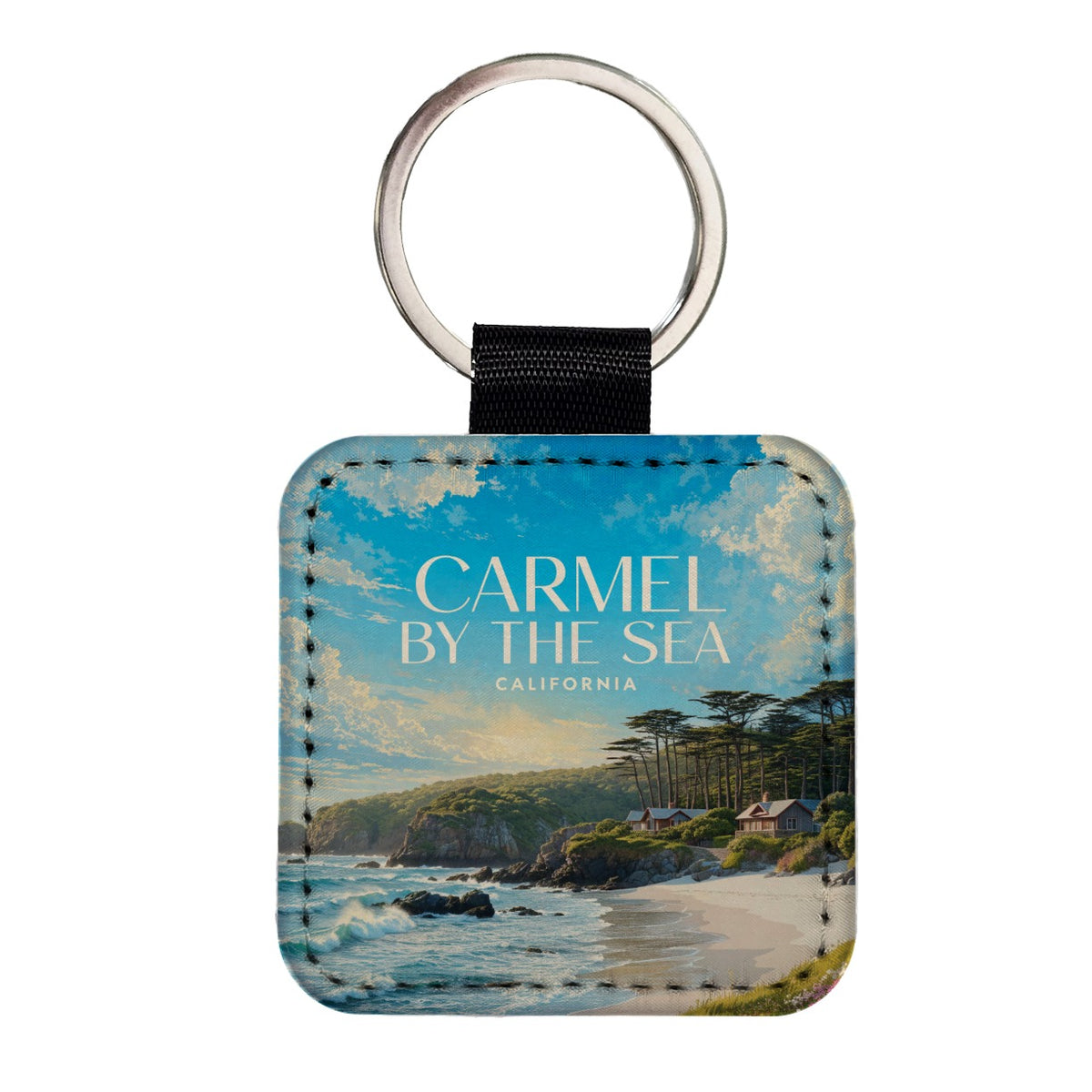 Carmel by the Sea California Travel Square Faux Leather Keychain