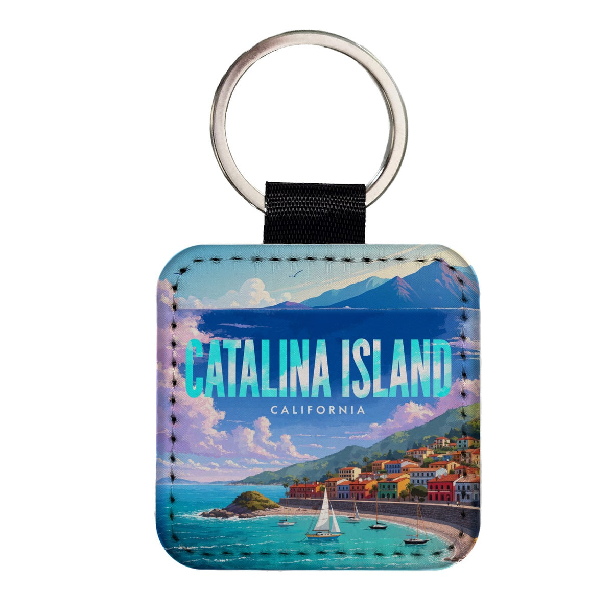 Catalina Island California Travel Square Faux Leather Keychain