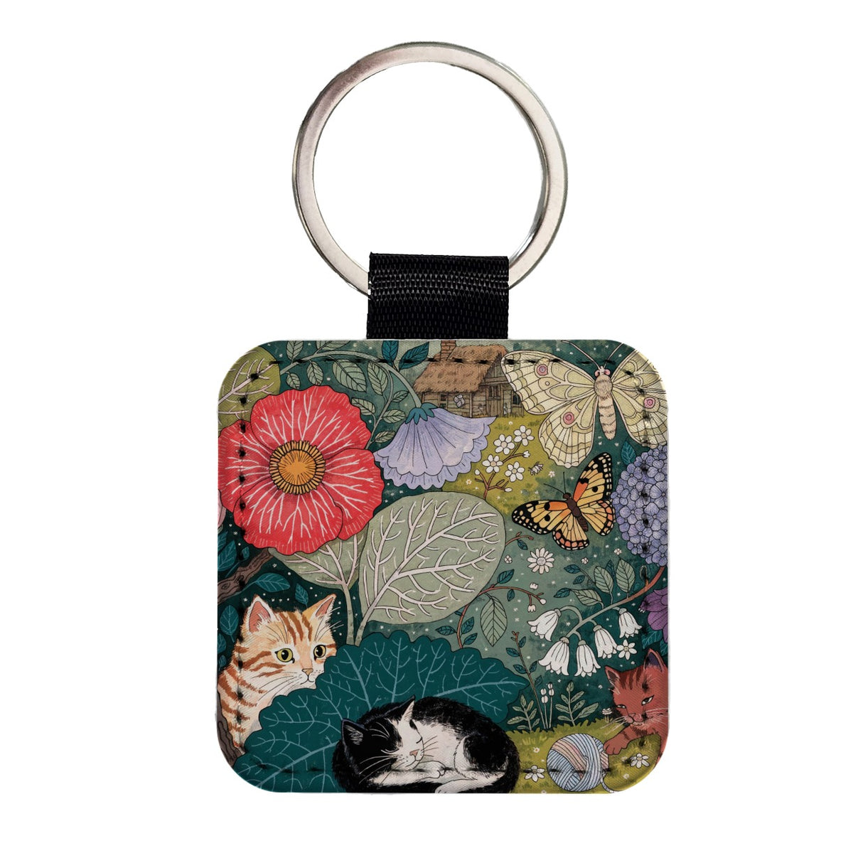Cats In Garden Square Faux Leather Keychain