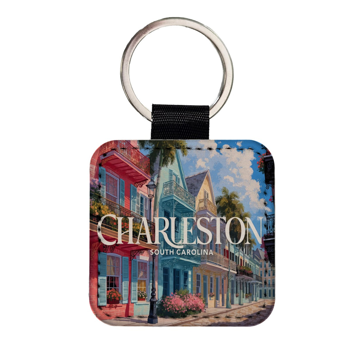 Charleston South Carolina Travel Square Faux Leather Keychain