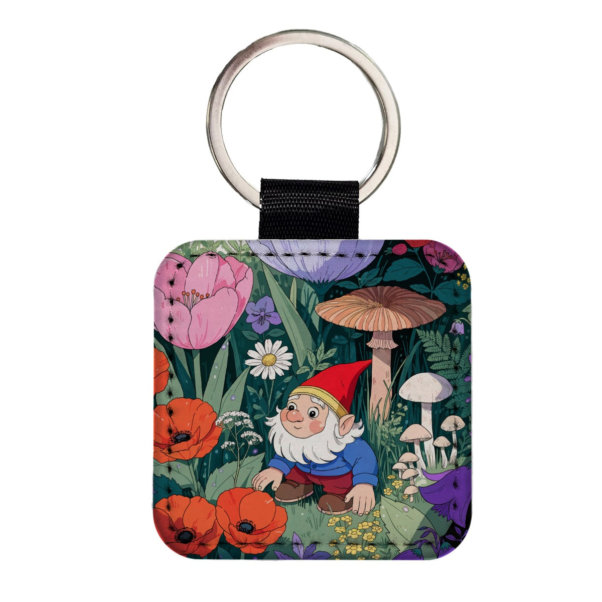 Charming Gnome Flower Garden Square Faux Leather Keychain