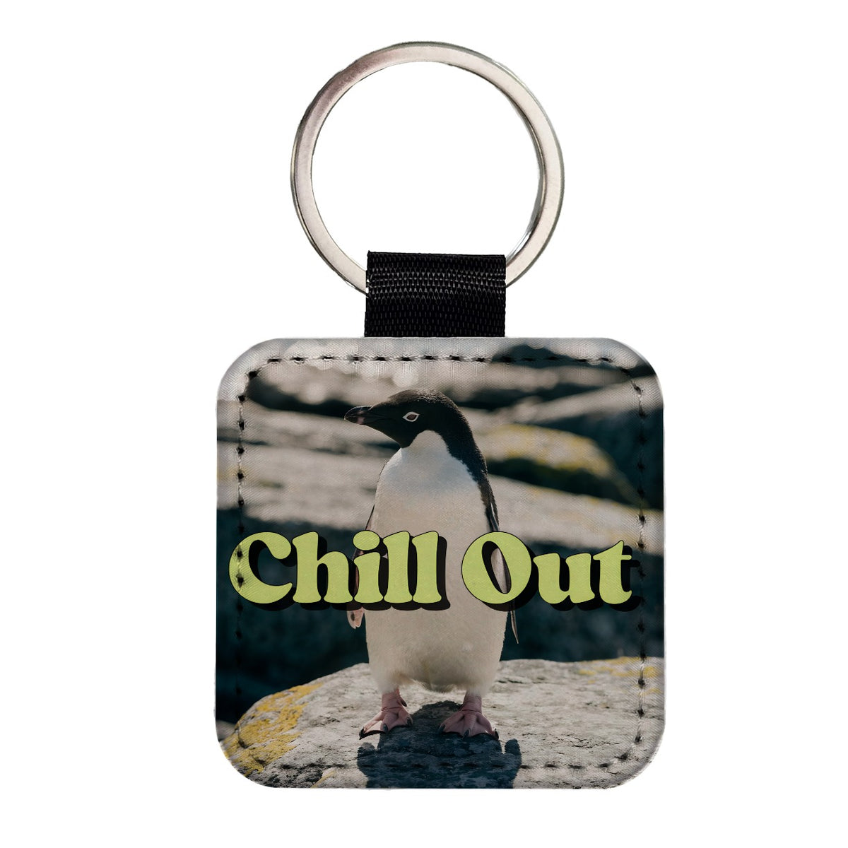 Chill Out Penguin Funny Square Faux Leather Keychain