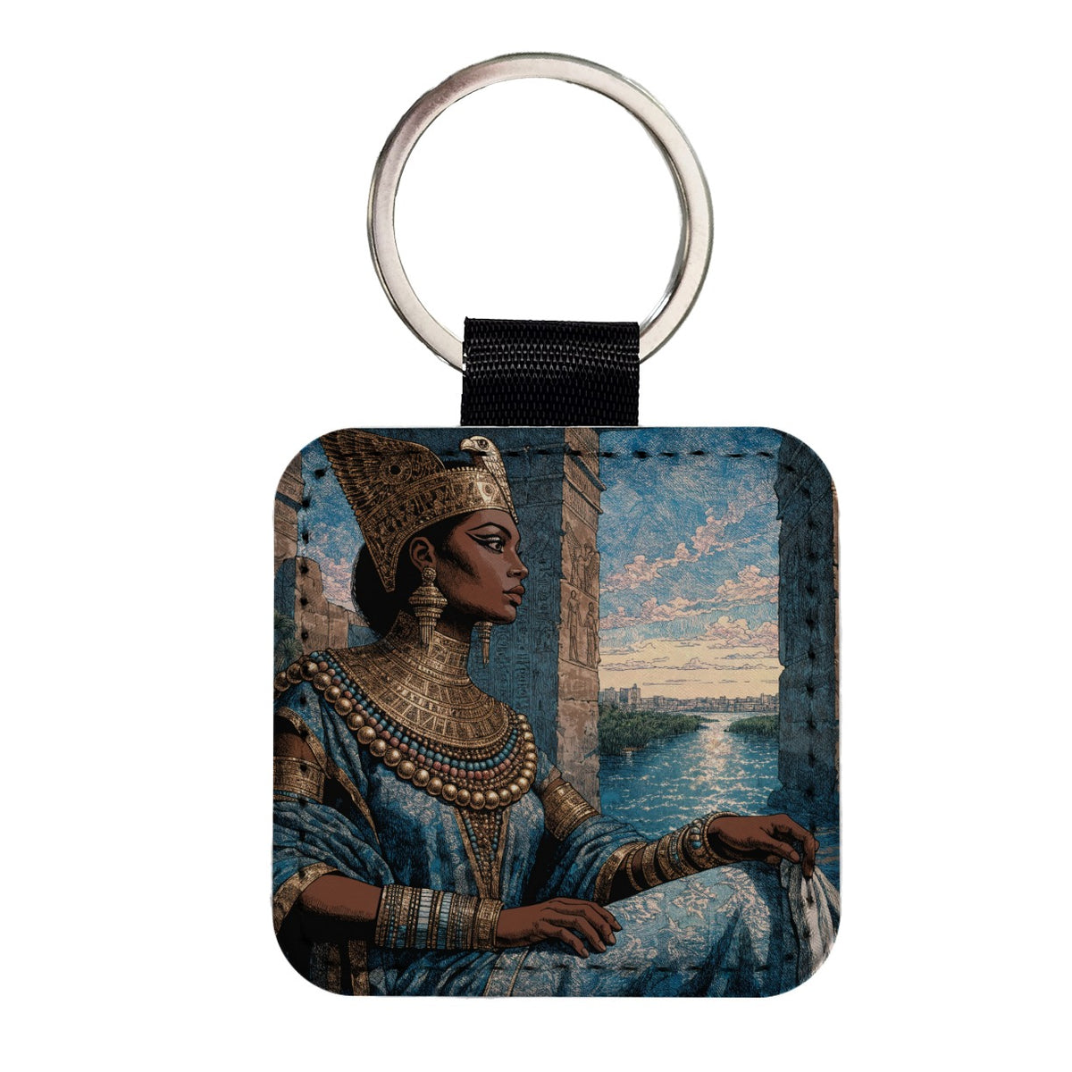 Cleopatra Egyptian Queen Square Faux Leather Keychain