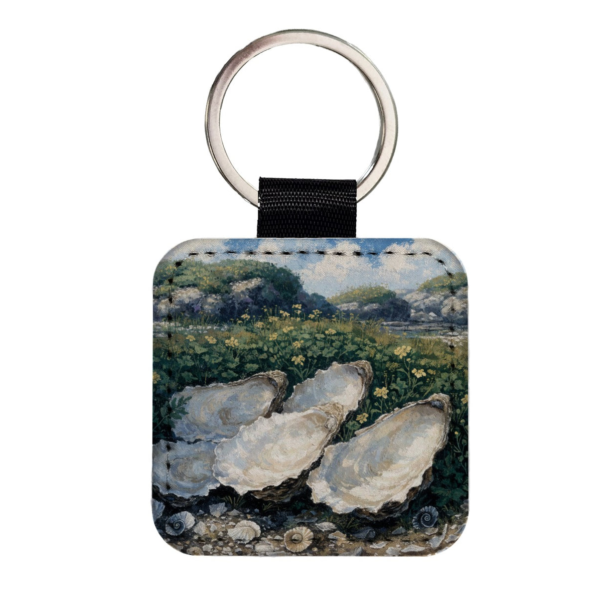 Coastal Oysters Shells Square Faux Leather Keychain