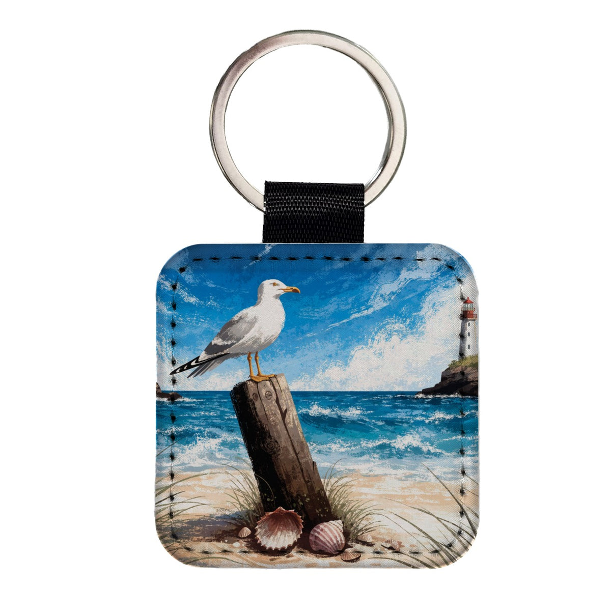 Coastal Seagull Beach Scene Square Faux Leather Keychain