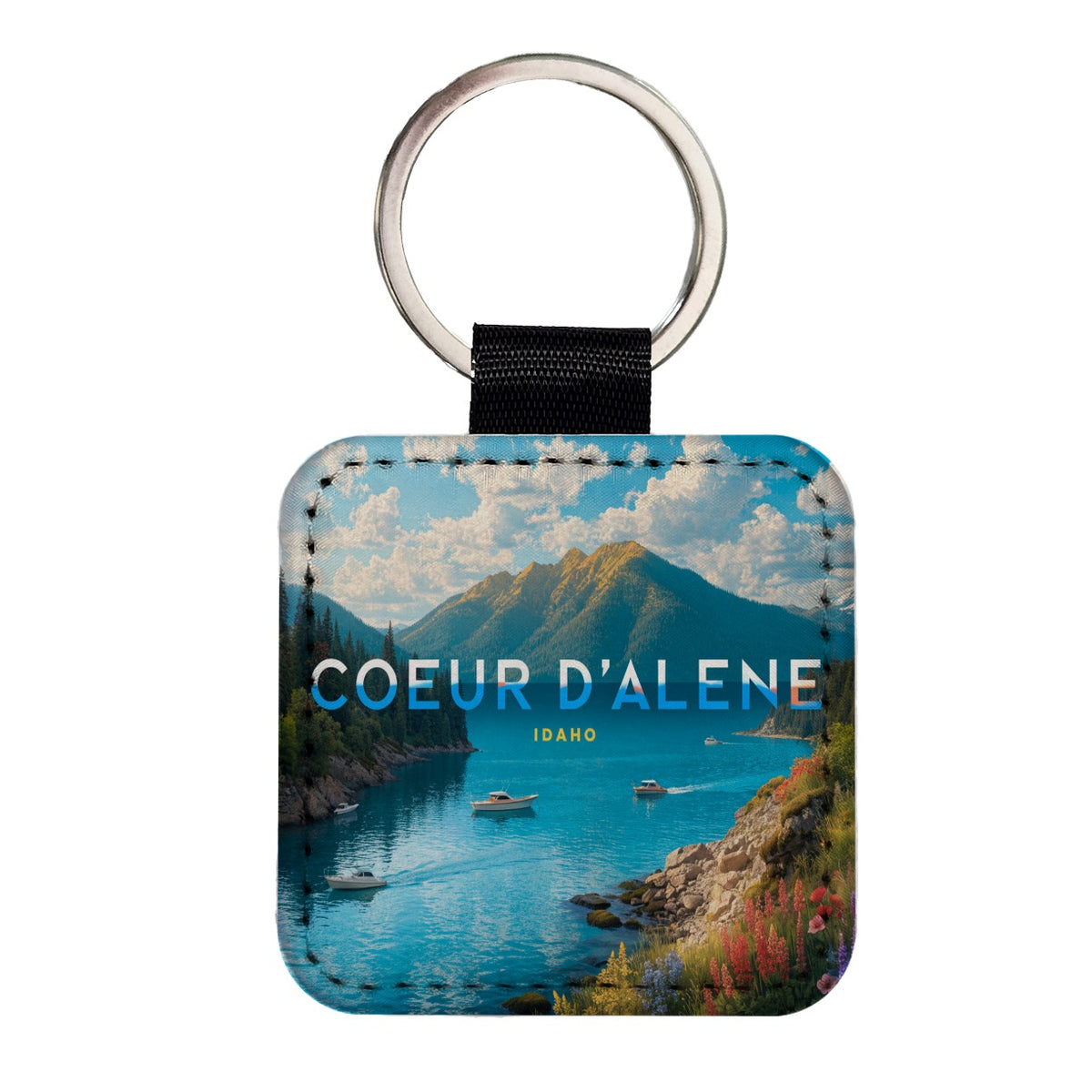 Coeur d'Alene Idaho Travel Square Faux Leather Keychain