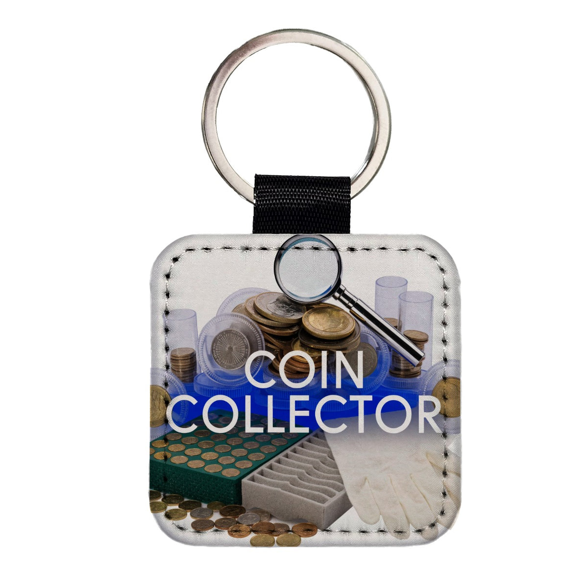 Coin Collector Collecting Square Faux Leather Keychain
