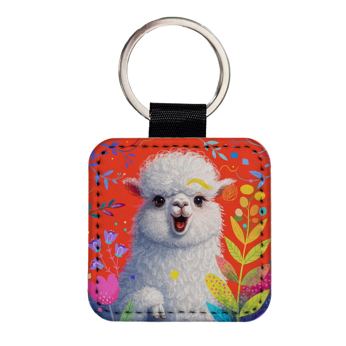 Colorful Alpaca Portrait Square Faux Leather Keychain