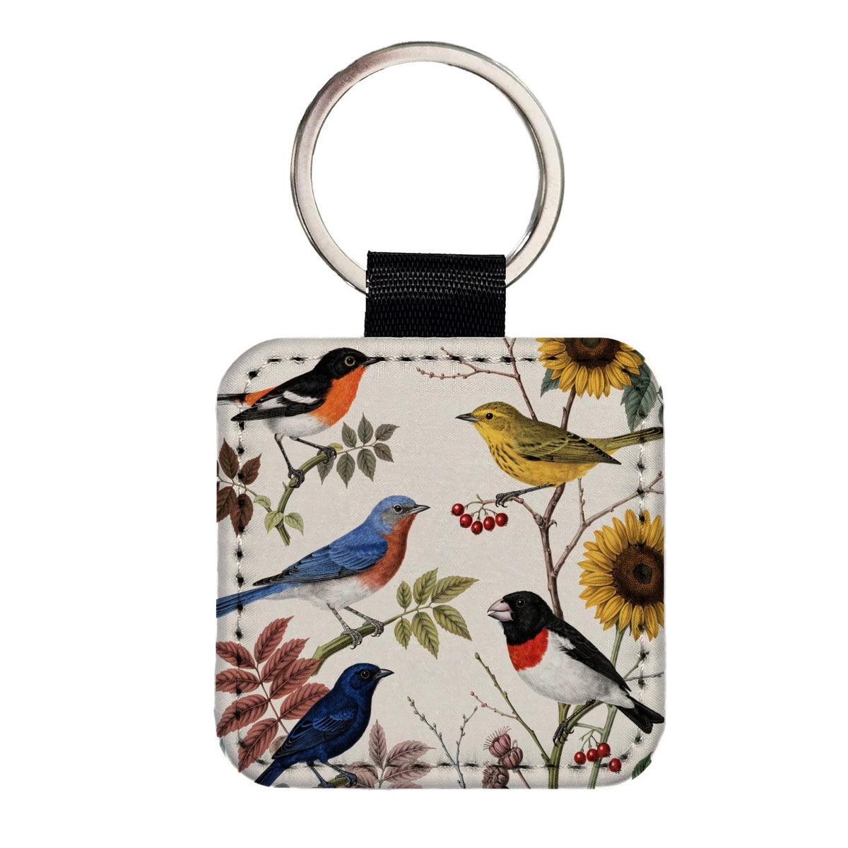 Colorful Backyard Songbirds Square Faux Leather Keychain