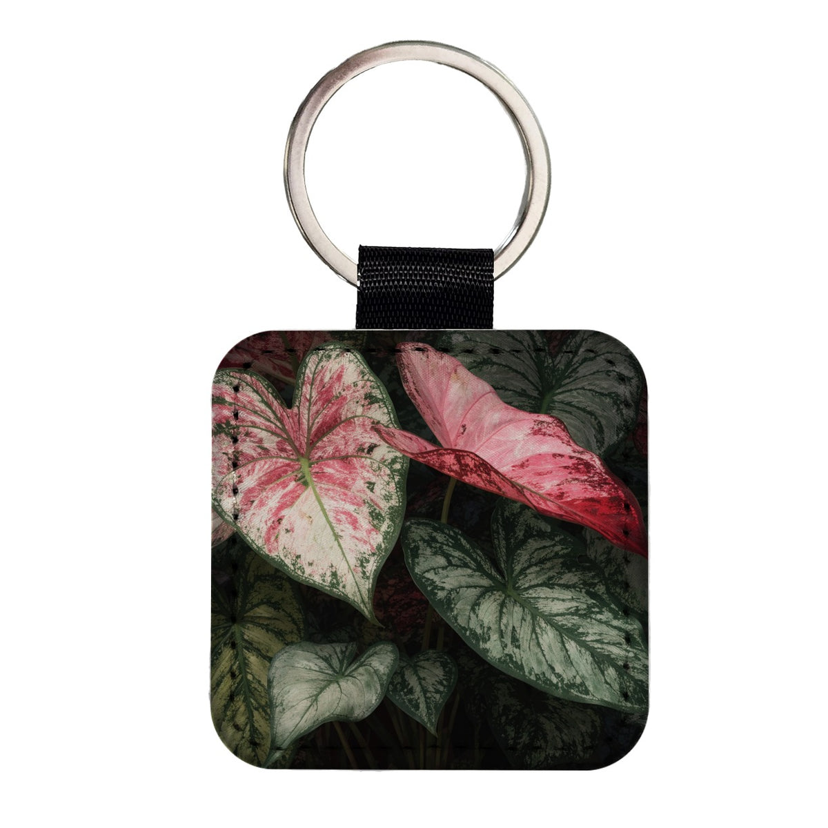 Colorful Caladium Leaves Square Faux Leather Keychain
