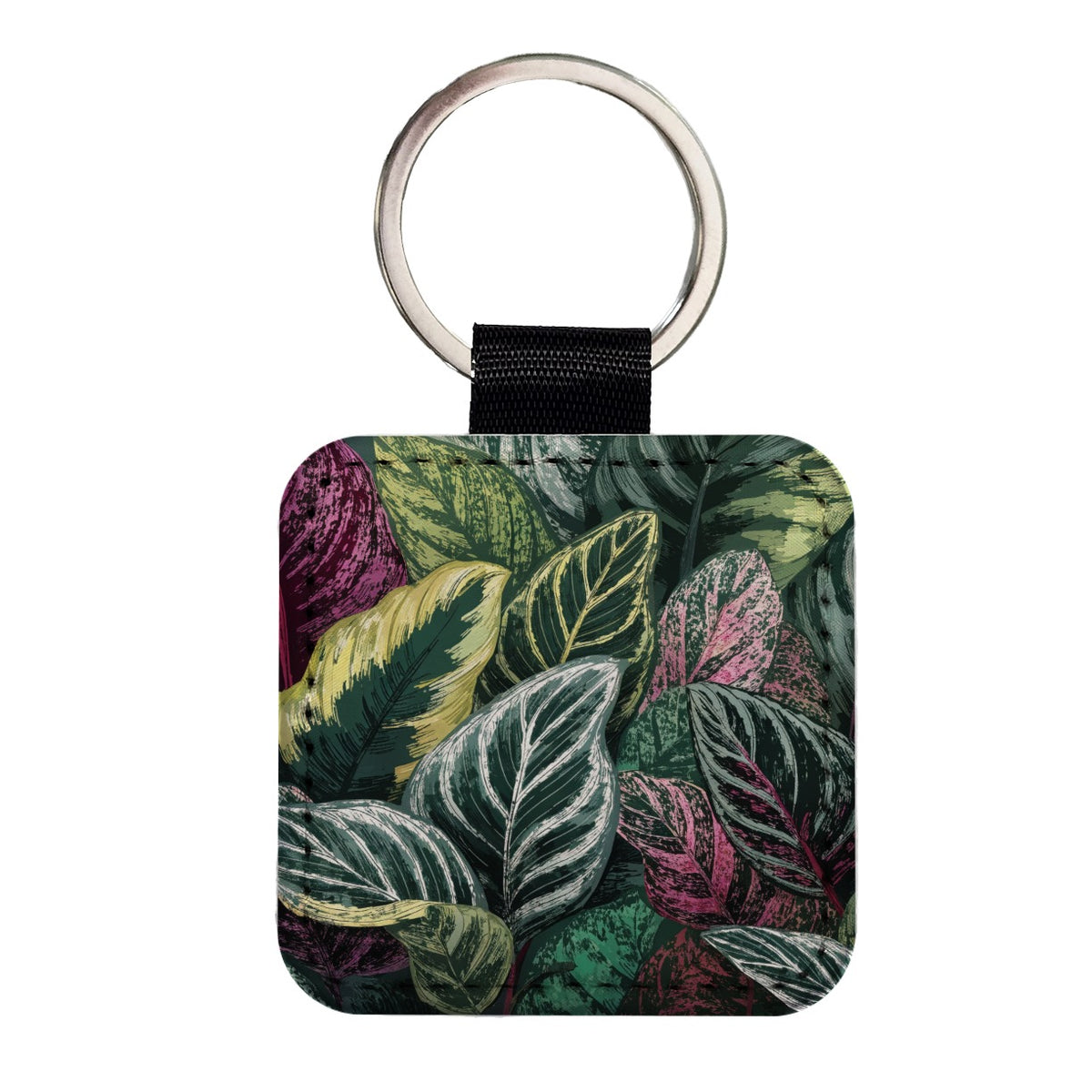 Colorful Calathea Leaves Square Faux Leather Keychain