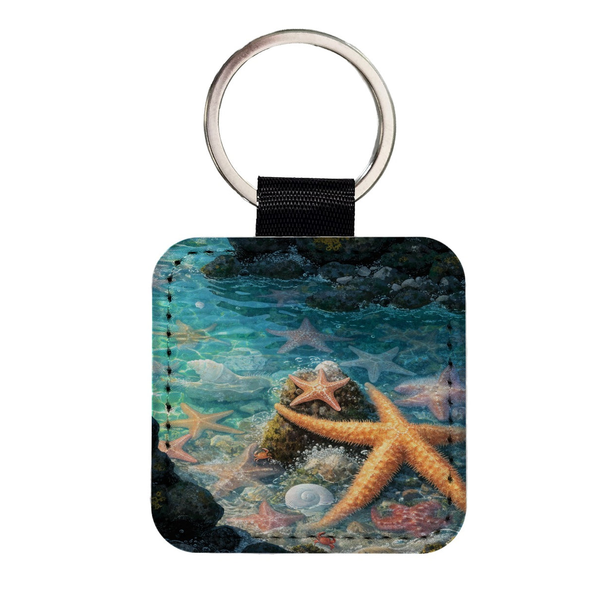 Colorful Coastal Tide Pool Square Faux Leather Keychain