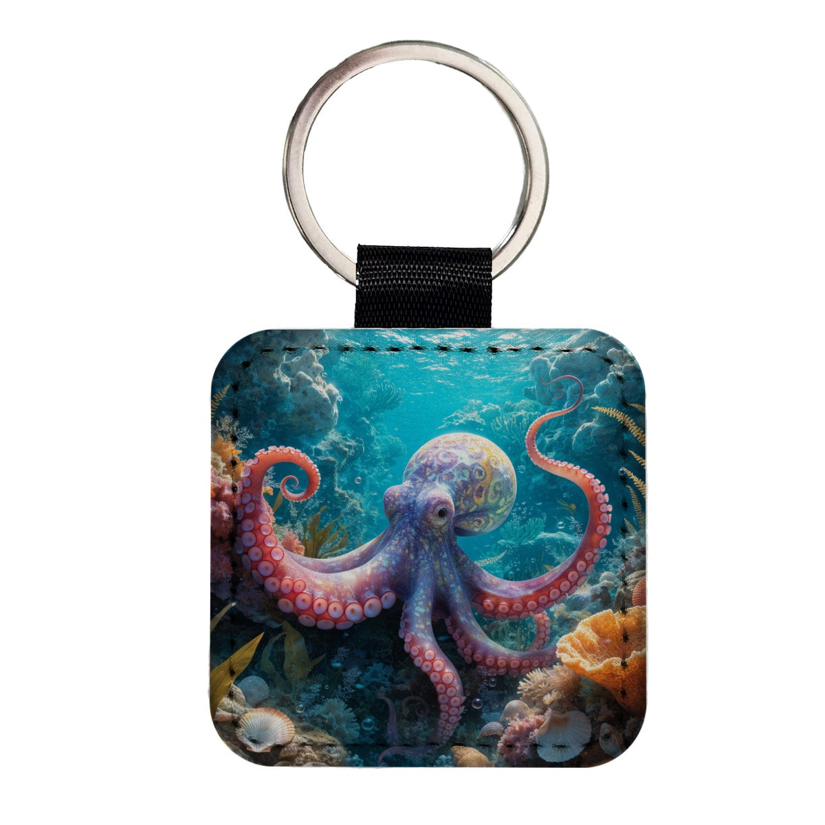 Colorful Octopus Reef Square Faux Leather Keychain