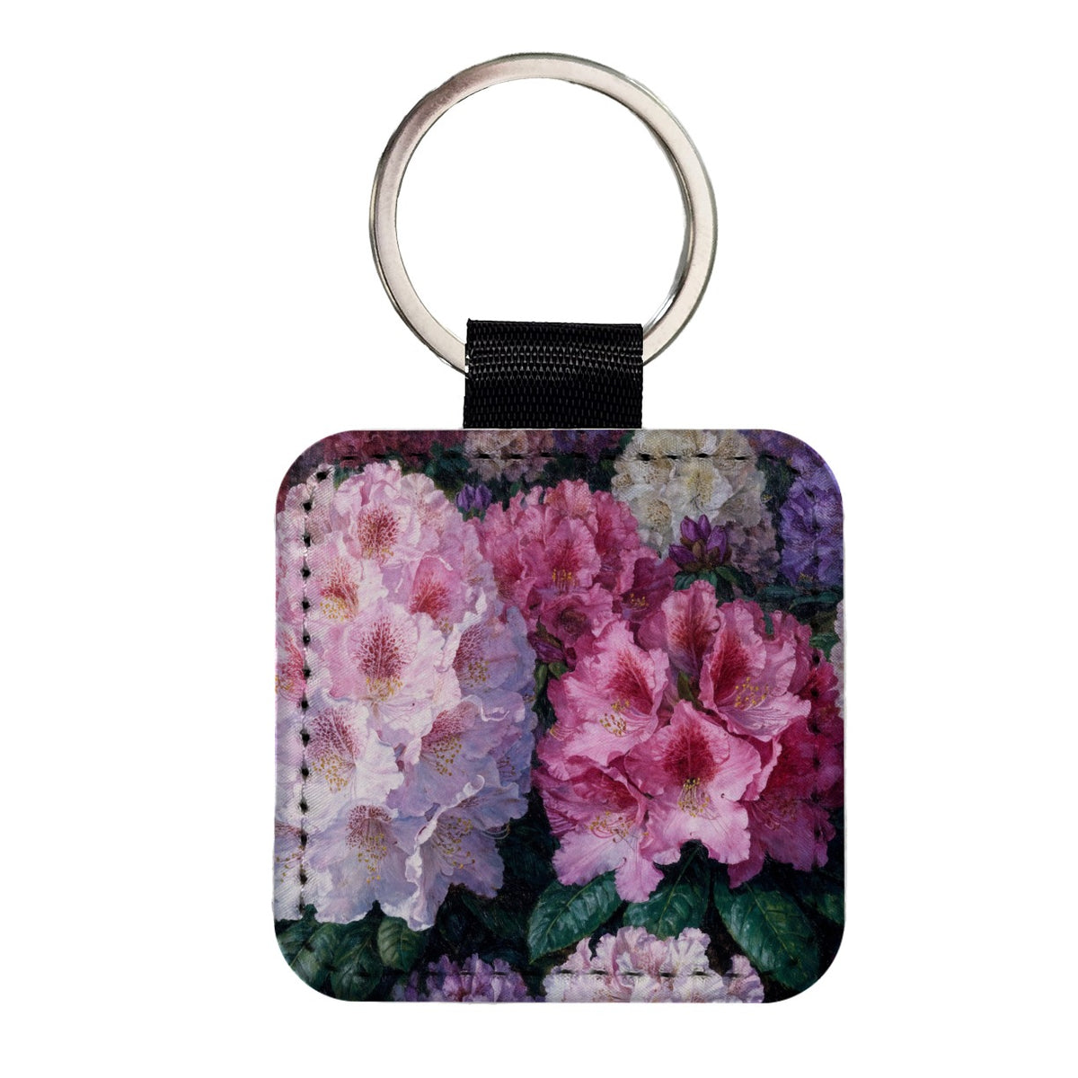 Colorful Rhododendron Garden Square Faux Leather Keychain