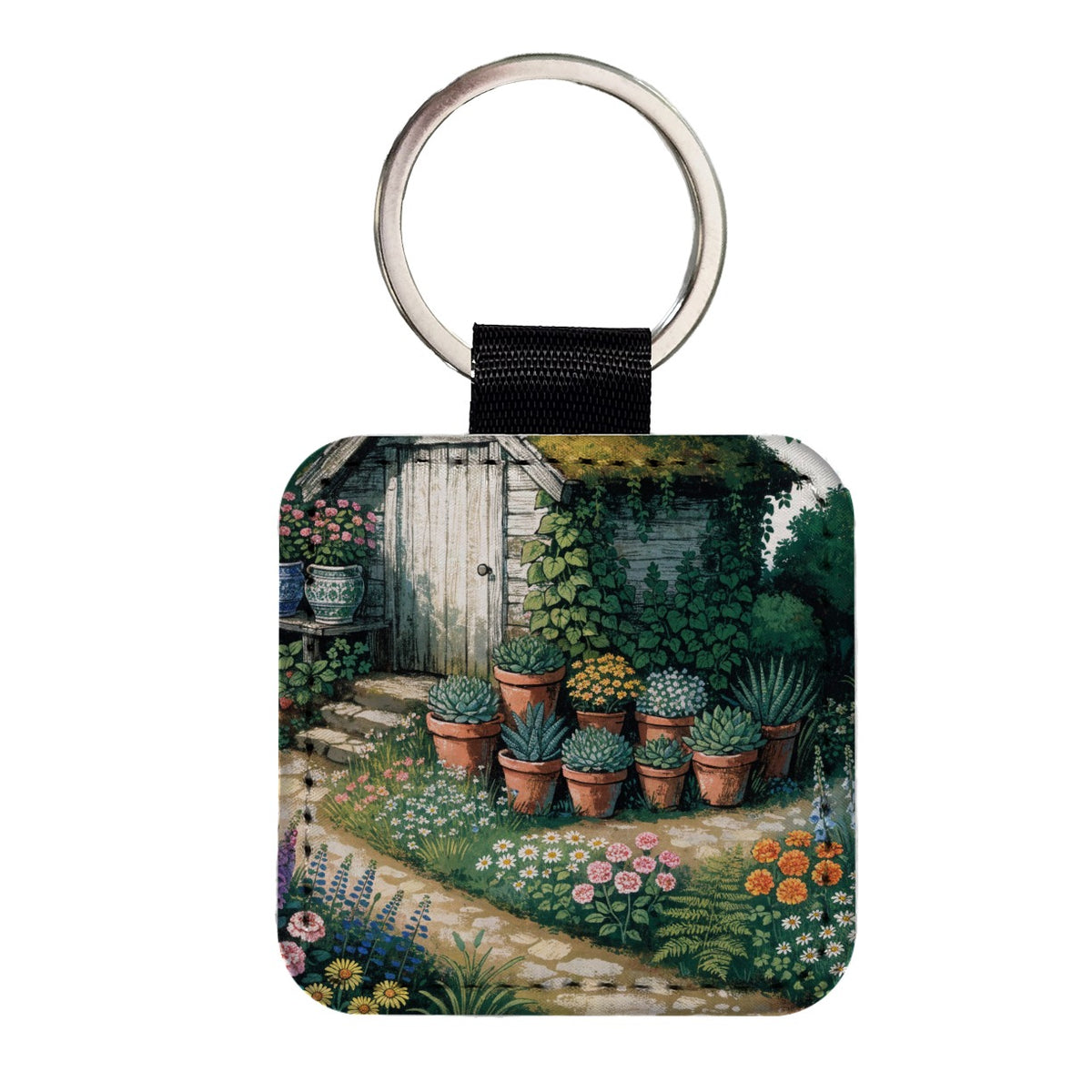 Cottage Garden Shed Square Faux Leather Keychain