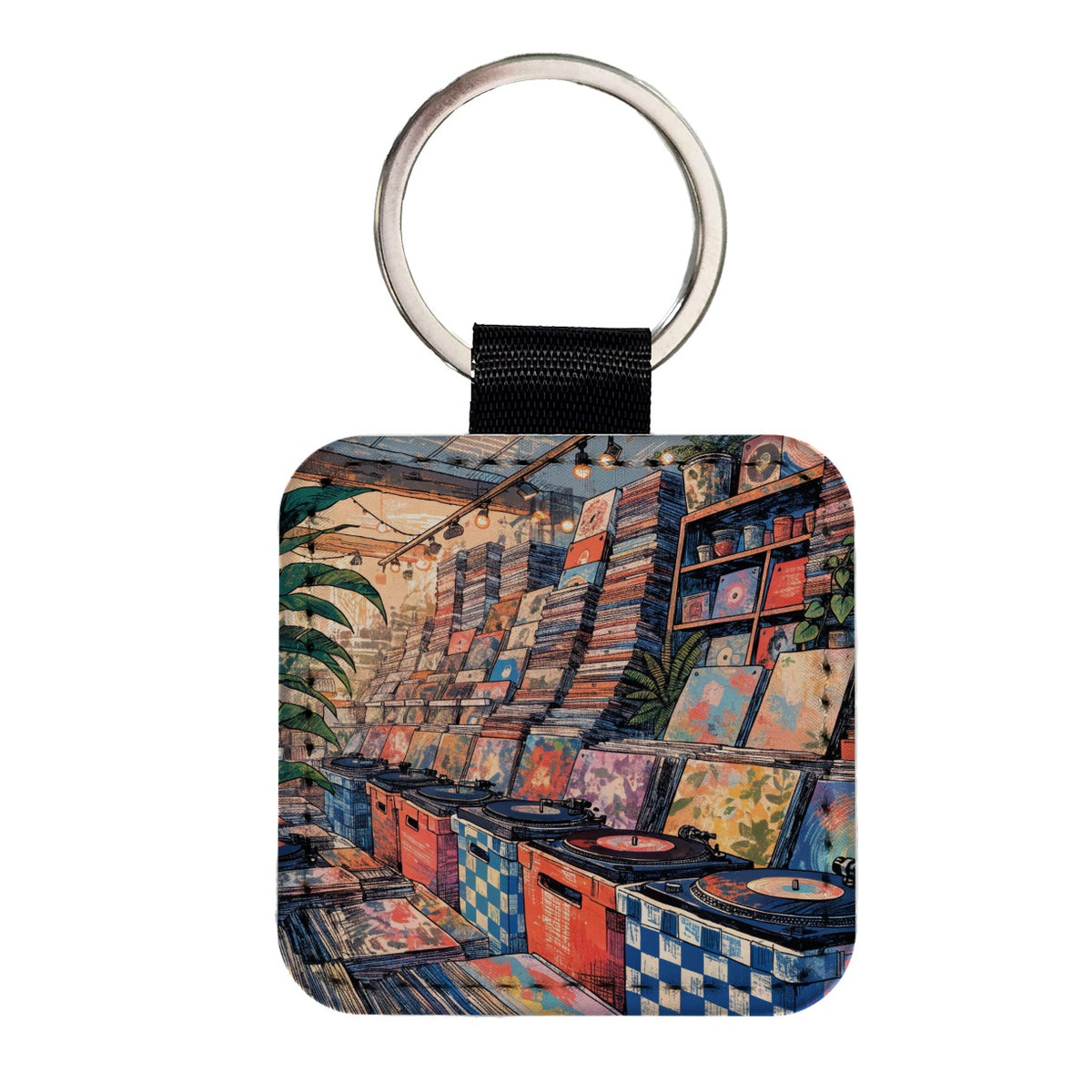Cozy Record Store Square Faux Leather Keychain