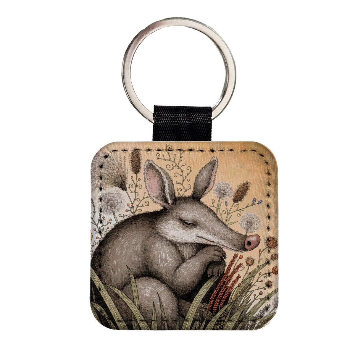Cute Aardvark Illustration Square Faux Leather Keychain