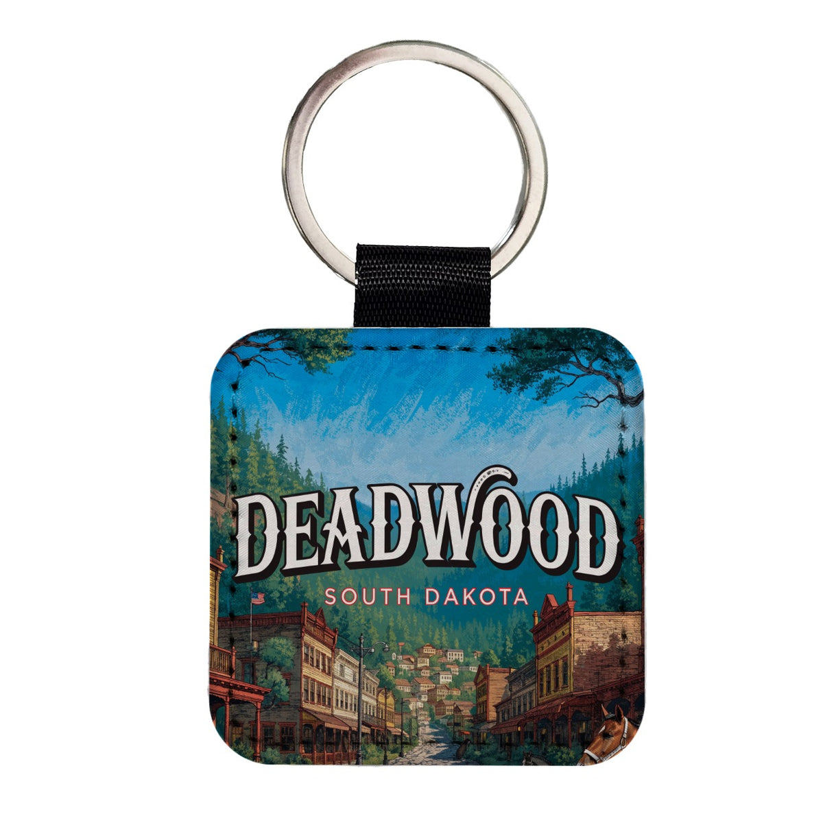 Deadwood South Dakota Travel Square Faux Leather Keychain