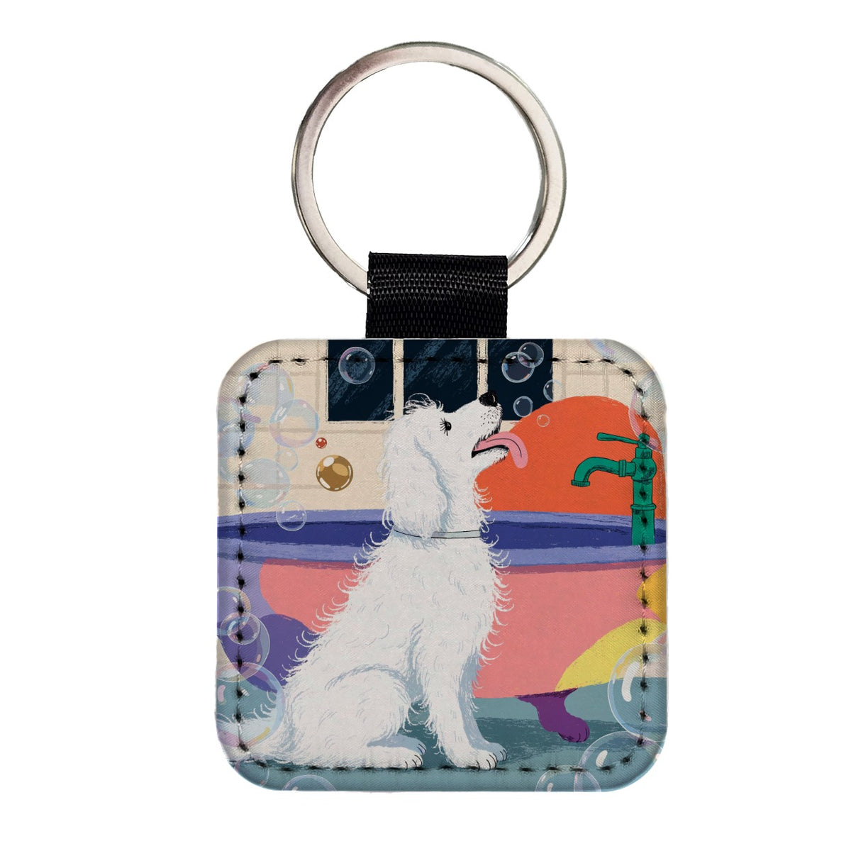 Dog Groomer Bubble Bath Square Faux Leather Keychain