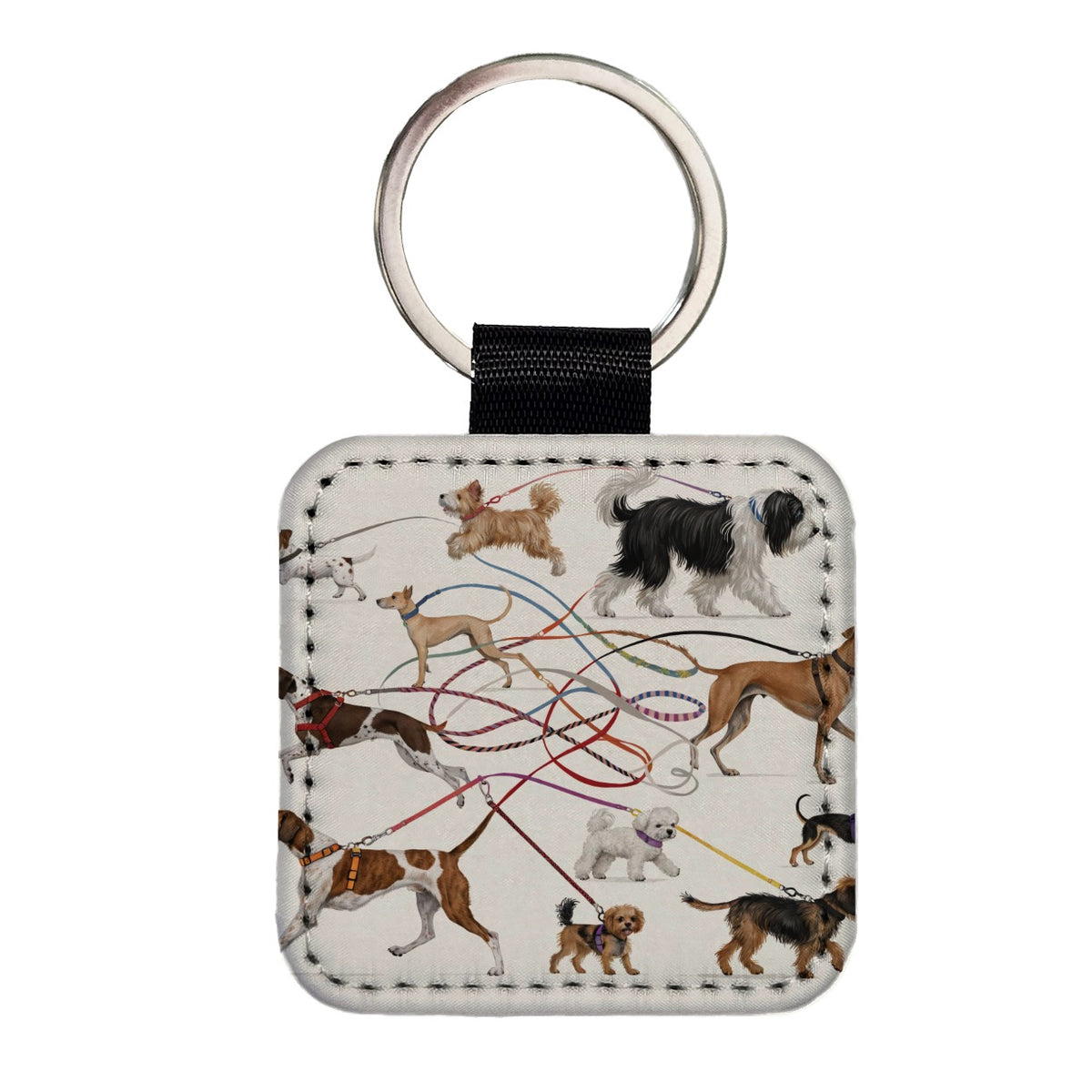Dog Walking Fun Square Faux Leather Keychain
