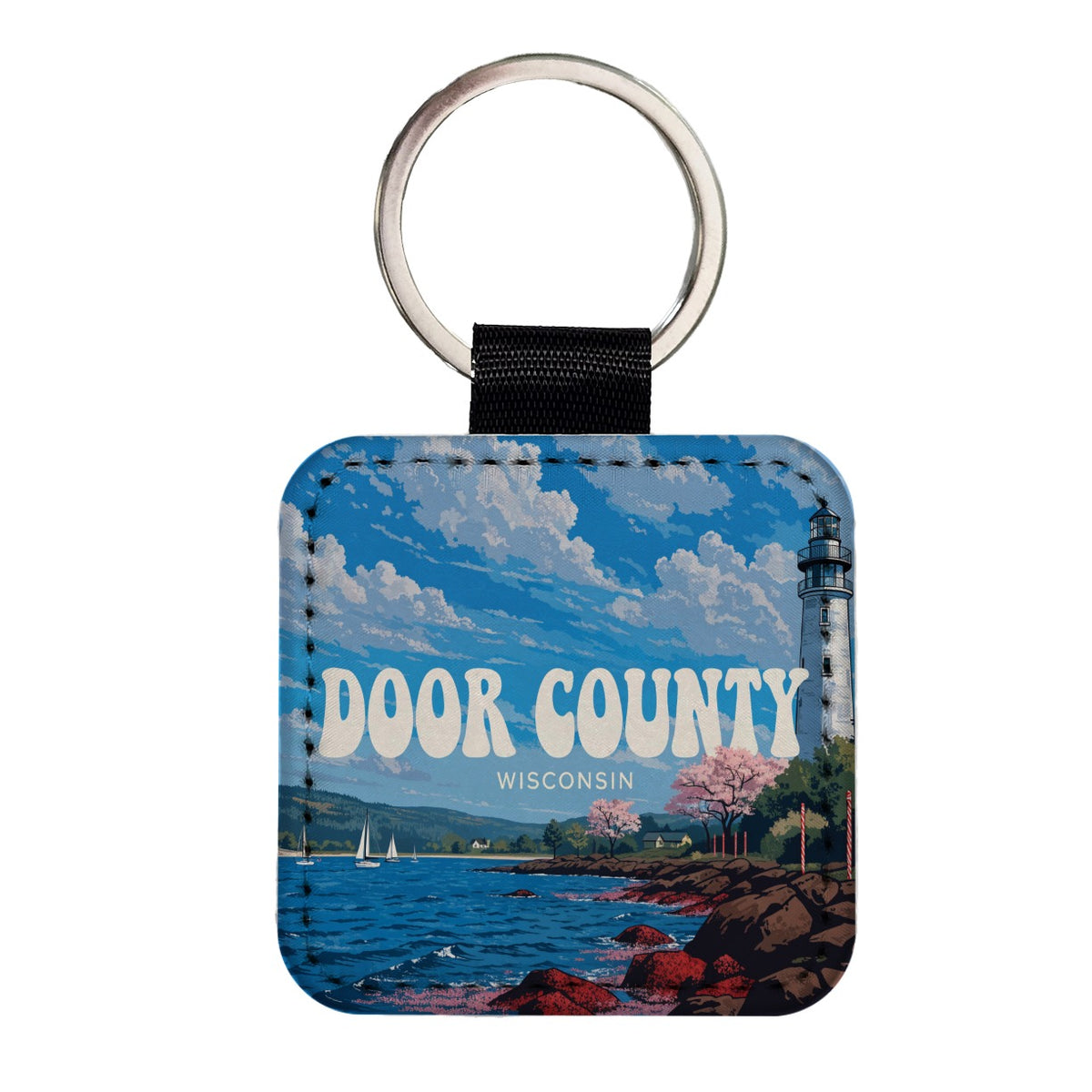 Door County Wisconsin Travel Square Faux Leather Keychain