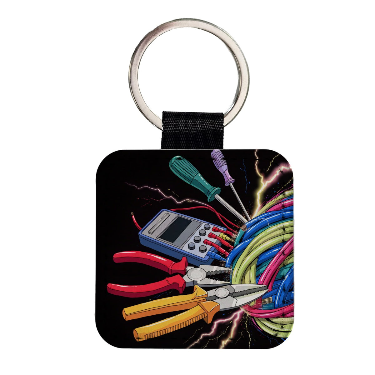 Electrician Tools Lightning Square Faux Leather Keychain
