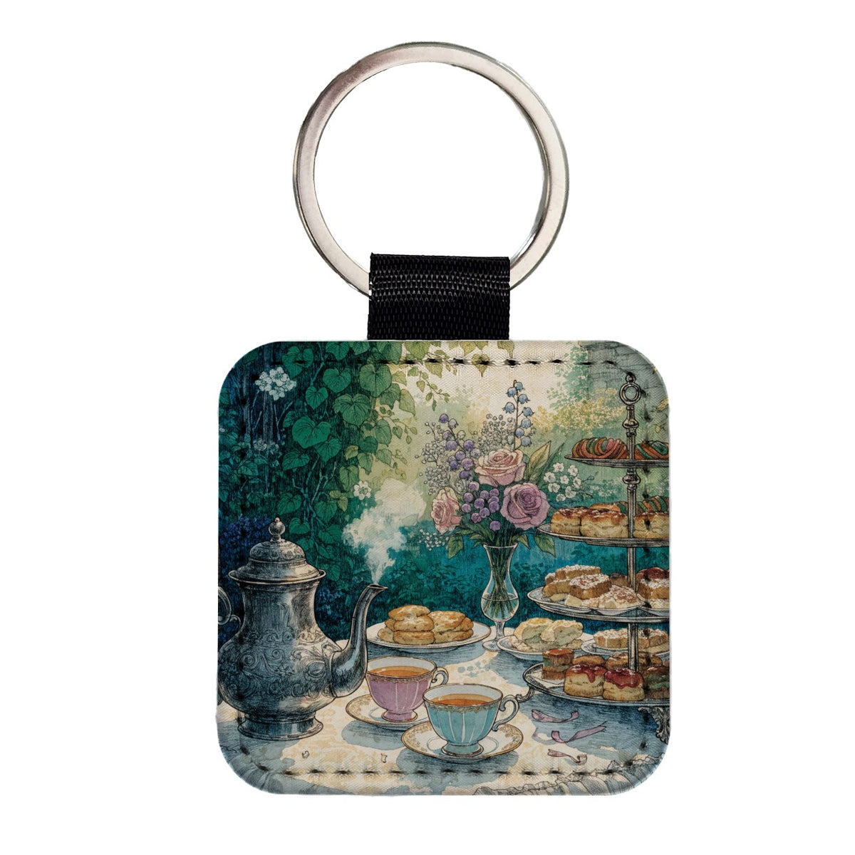 Elegant Afternoon Tea Pot Scones Square Faux Leather Keychain