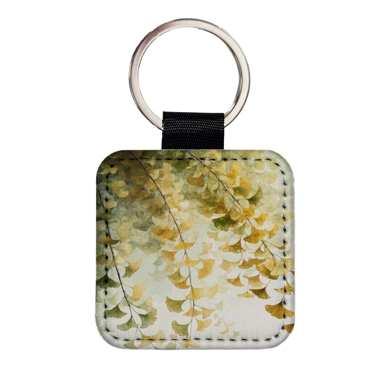 Elegant Ginkgo Leaves Square Faux Leather Keychain