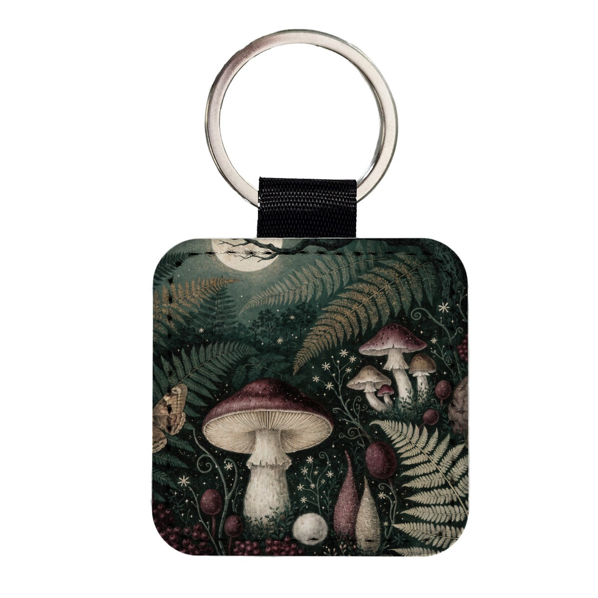 Enchanted Forest Floor Mushrooms Ferns Square Faux Leather Keychain