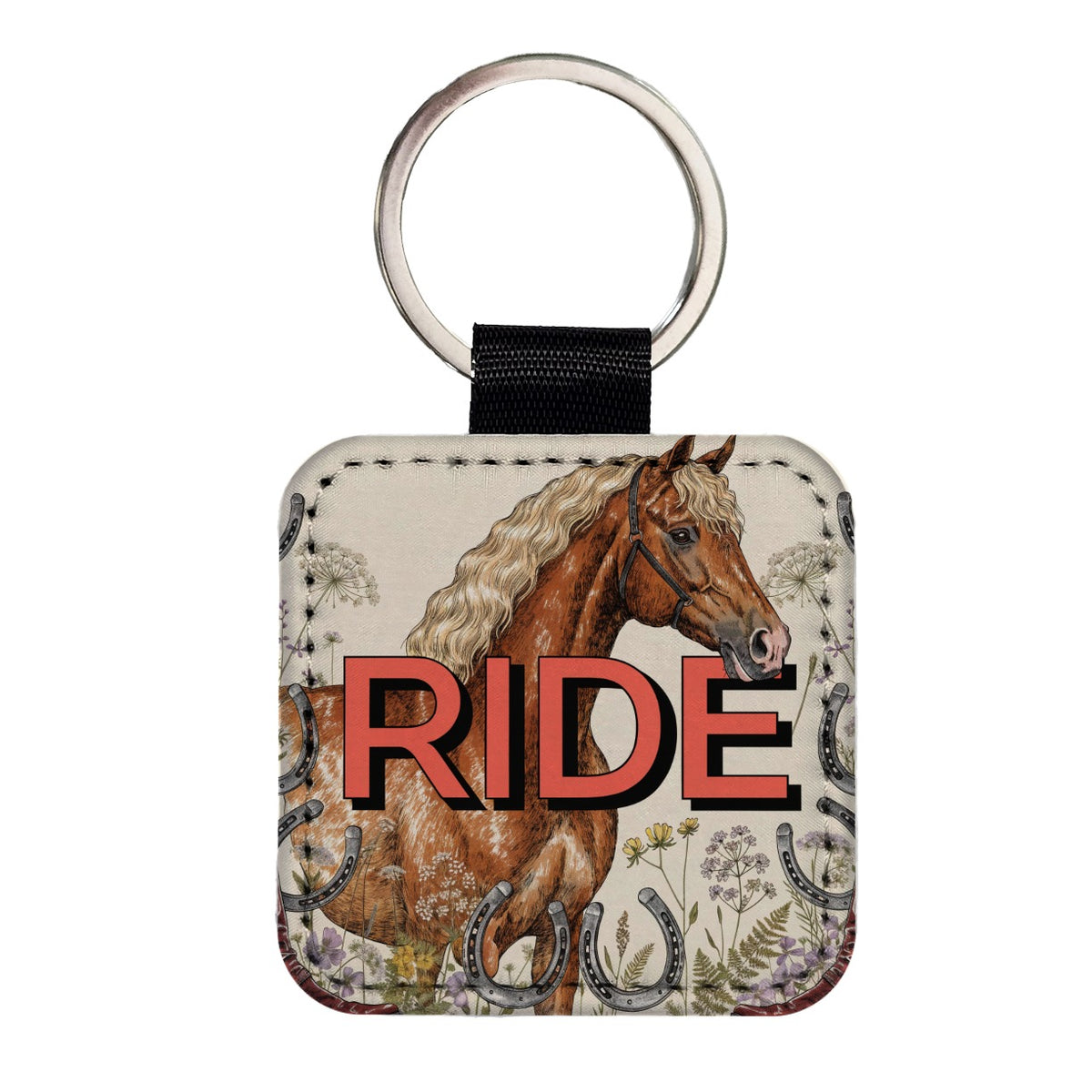 Equestrian Horse Riding Square Faux Leather Keychain
