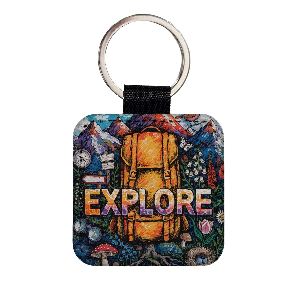Explore Hiking Backpacking Illustration Square Faux Leather Keychain