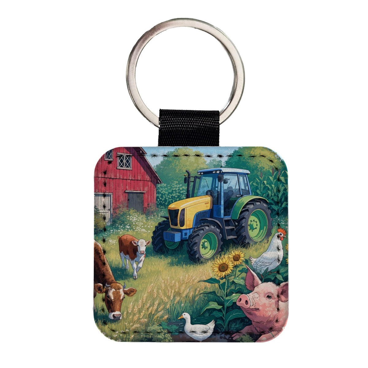 Farmer Tractor Farm Square Faux Leather Keychain
