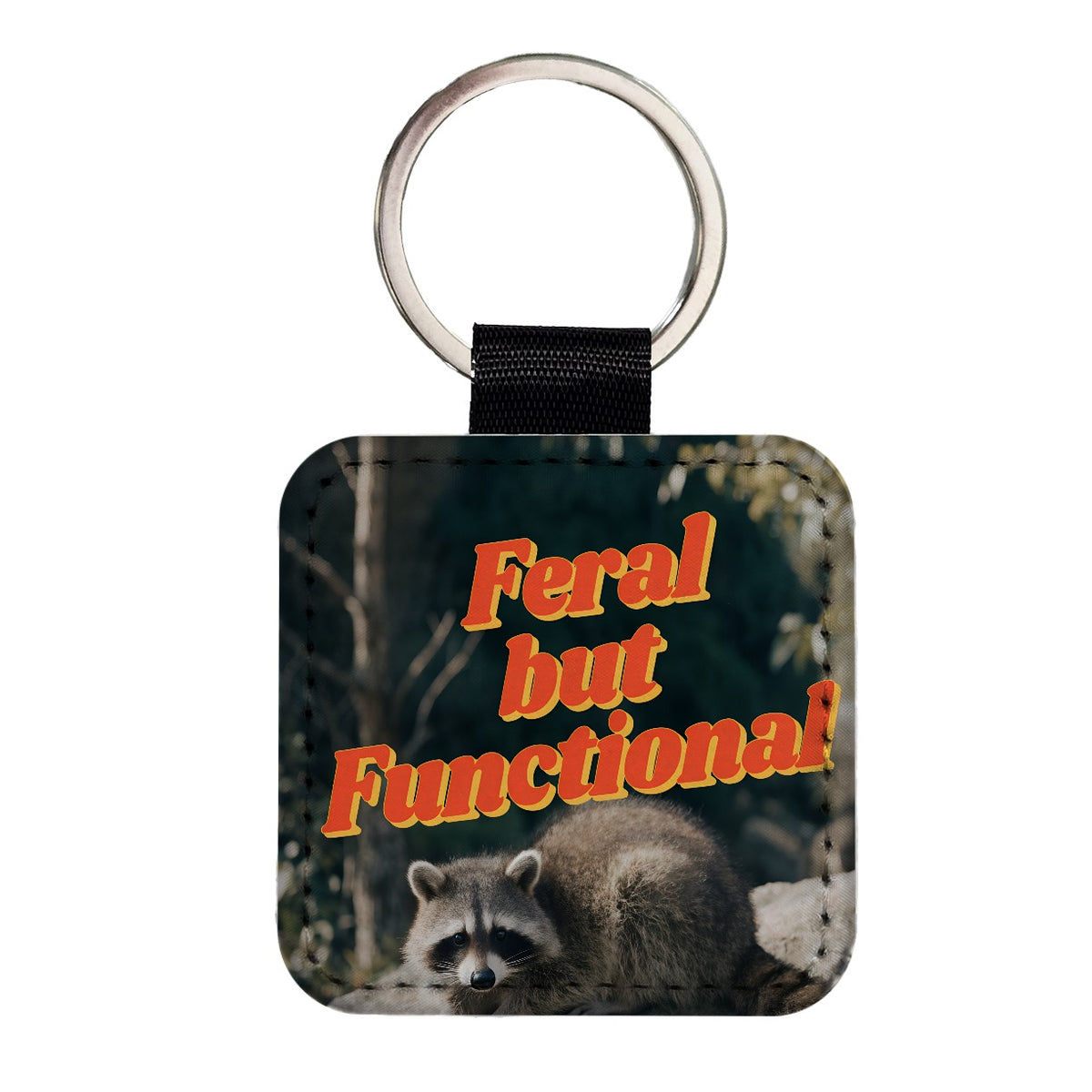 Feral But Functional Raccoon Funny Square Faux Leather Keychain