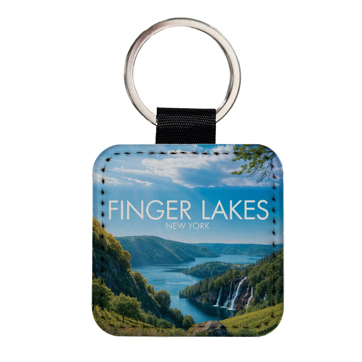 Finger Lakes New York Travel Square Faux Leather Keychain