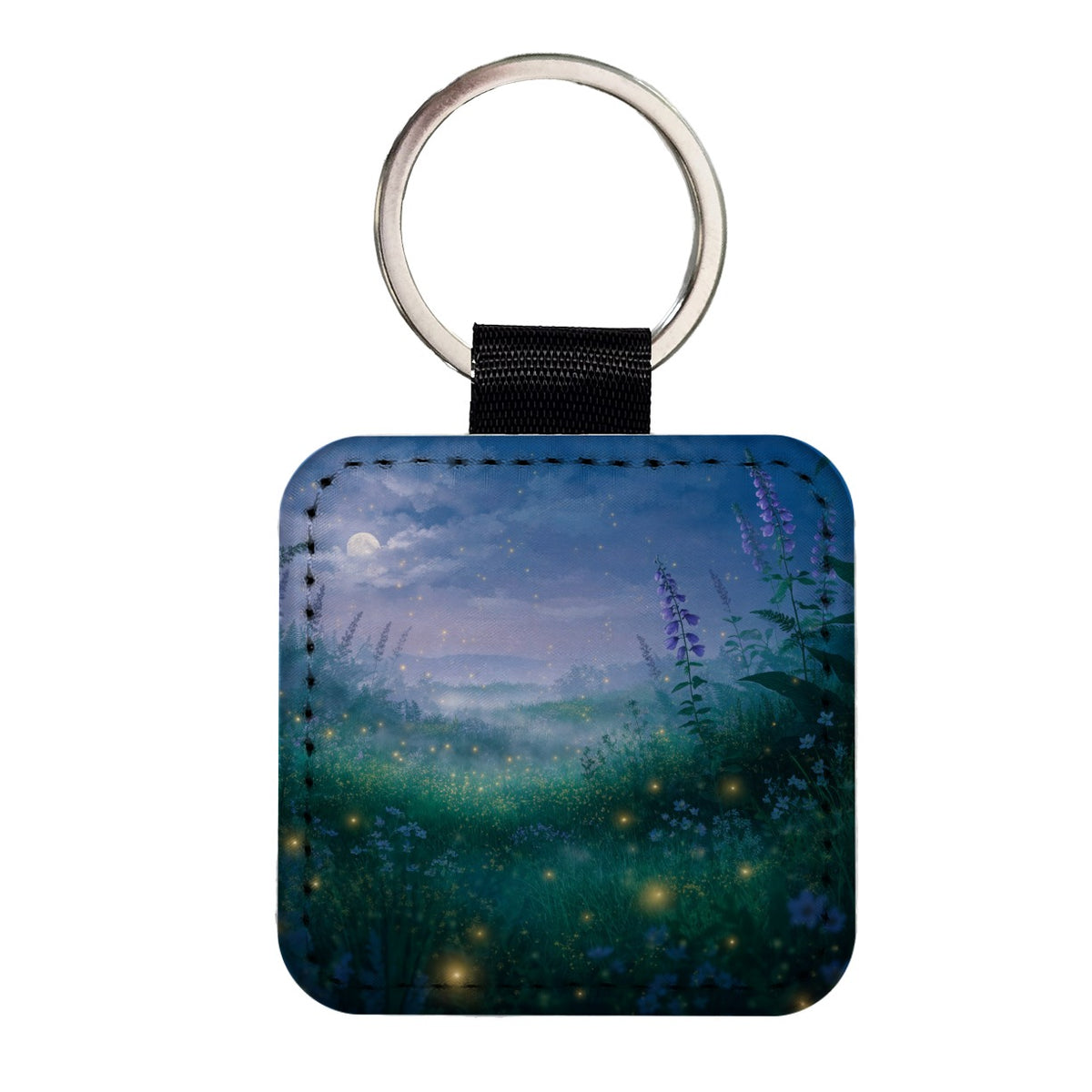 Fireflies Moonlit Wildflower Meadow Square Faux Leather Keychain
